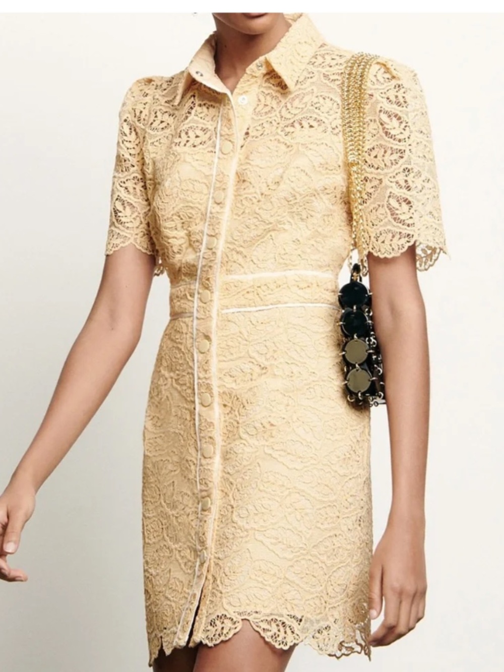 SANDRO Live Grosgrain Corded Lace Mini Dress Yellow Eggshell W/ Tags FR 36 SMALL